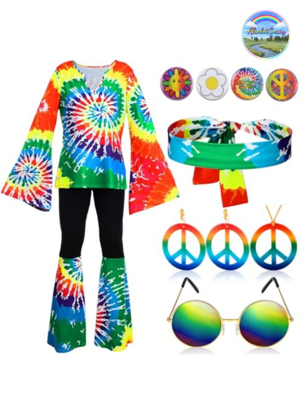 Hippie Costume Set 11 Piece Womens 60s 70s Party Outfit Tie Dye Top Pants